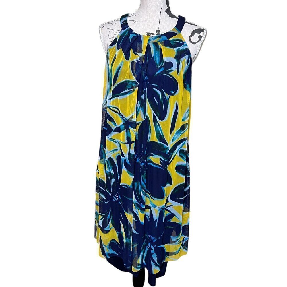 London Times Dress Blue Yellow Floral Sleeveless Colorful Spring Casual Size 10